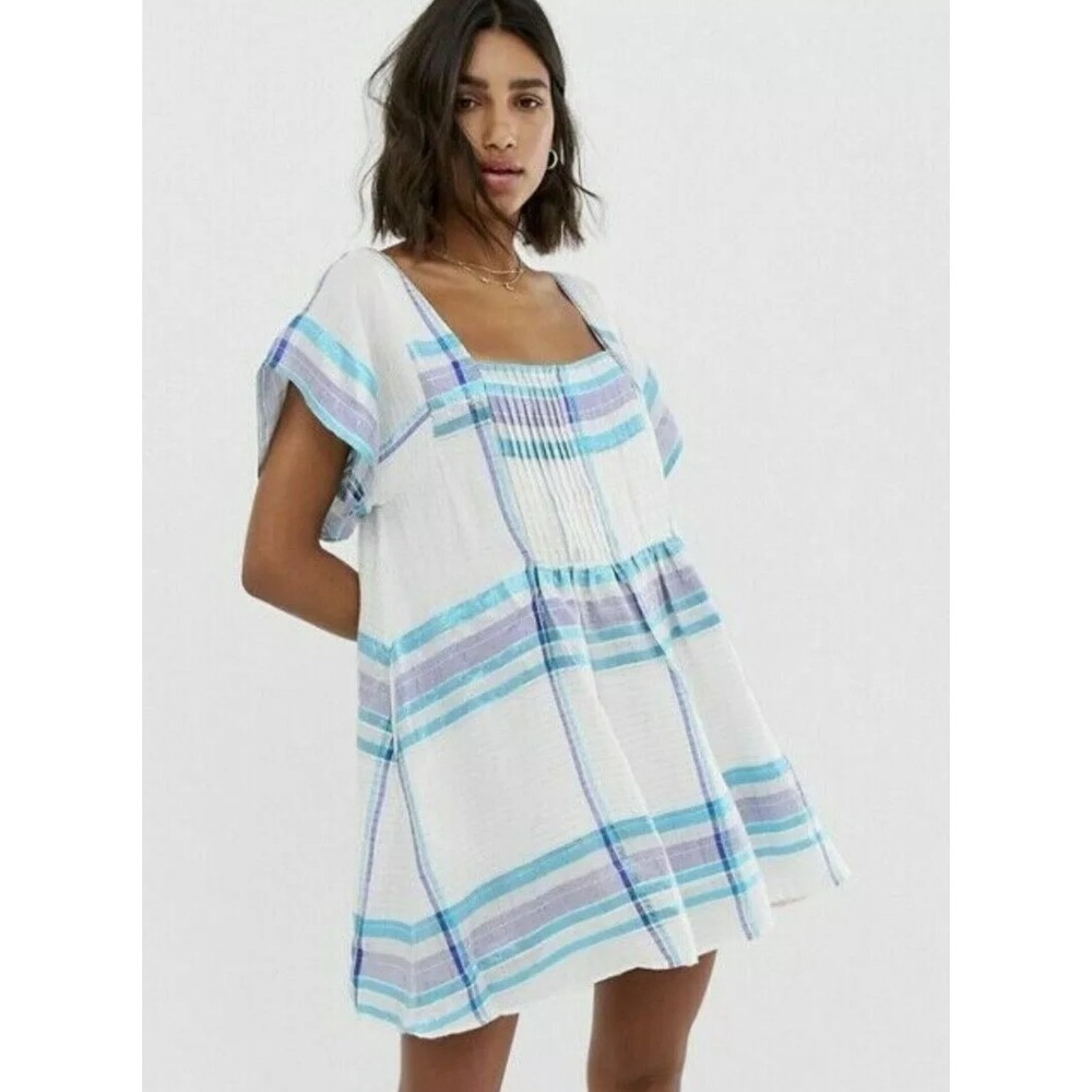 Free People Barcelona Shimmer Plaid Mini Dress Metallic Sparkle Boho Beach Large - Picture 9 of 12